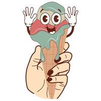 icon of a hand holding ice cream in a waffle cone with a funny cheerful face and raised hands in a retro vintage style vector