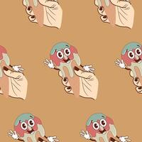 pattern with icons of a happy, smiling anthropomorphic ice cream in a waffle cone flowing down a hand on a brown background, retro, vintage style vector