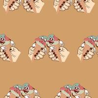 pattern with icons of happy and sad anthropomorphic ice cream in waffle cones held by two hands on a brown background, retro, vintage style vector