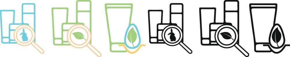 set of icons of different colors and shapes of cosmetic creams in different jars for the face with additional symbols that mean different factors of influence, for cosmetology or other beauty fields vector