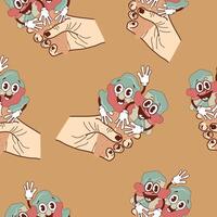 pattern with icons of a hand holding two ice cream cones with a funny, cheerful, happy face in retro vintage style on a brown background vector