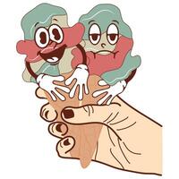 icon of a hand holding two ice cream cones with funny, cheerful and sad faces in retro vintage style vector