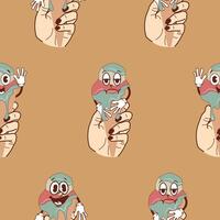 pattern with a set of icons of hands holding ice cream in waffle cones with happy, funny and sad faces in retro vintage style on a brown background vector
