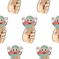 pattern with icons of a hand holding ice cream in a waffle cone with a funny cheerful face and raised hands in a retro vintage style vector