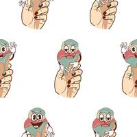 pattern with a set of icons of hands holding ice cream in waffle cones with happy, funny and sad faces in retro vintage style vector