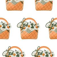pattern with rectangular wicker baskets with flowers, namely buds of white field daisies, for print, advertising or packaging vector
