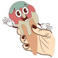 icon of a happy, smiling anthropomorphic ice cream in a waffle cone dripping down his hand, retro, vintage style vector