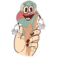icons of a hand holding ice cream in a waffle cone with a funny, cheerful, happy face in a retro vintage style vector