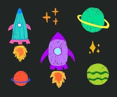 Set of space rocket with fire, planets and stars drawn with crayon brush texture vector