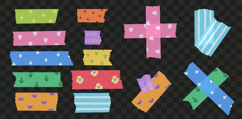 Set of transparent washi paper tape with cute pattern of hearts and flowers