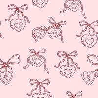 Seamless pattern of vintage locket in heart shape with pink bow in whimsial sketch style vector