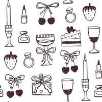 Seamless pattern of cherry, bow and coctain in whimsial sketch style vector