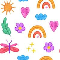 Childlike seamless pattern of rainbow and butterfly drawn with crayon texture effect vector