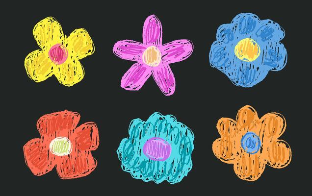 Set of childlike flowers in bloom drawn with textured crayon brush