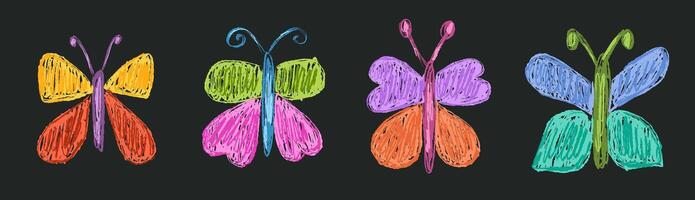 Set of childlike butterfly with color wings drawn with textured crayon or chalk brush vector