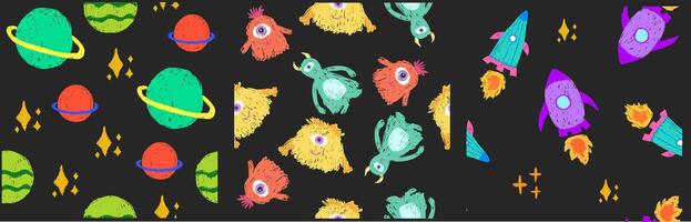 Set kids seamless pattern with space rocket, alien and planets drawn with crayon brush texture vector