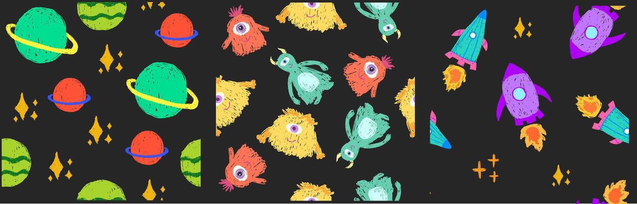 Set kids seamless pattern with space rocket, alien and planets drawn with crayon brush texture