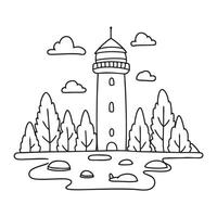 A tower near scattered stones at the edge of a forest vector
