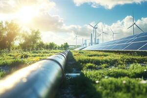 Pipeline, Solar Panels, and Wind Turbines in a Green Field photo