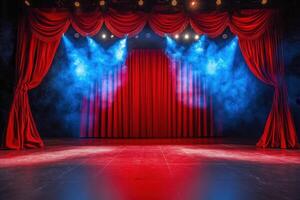 a stage with red curtains and smoke photo
