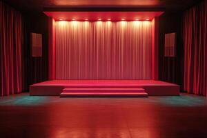 a stage with red curtains and a spotlight photo