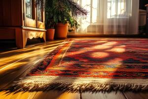 a red rug on the floor in front of a window photo