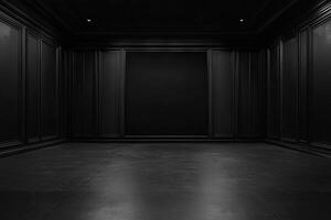 an empty room with black walls and a black floor photo