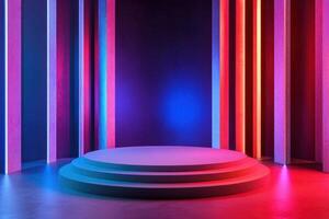 a stage with neon lights and a podium photo