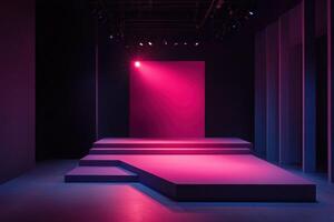 a stage with a purple light and a pink floor photo