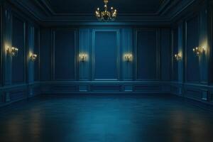 an empty room with blue walls and chandeliers photo