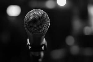 a microphone is shown in black and white photo
