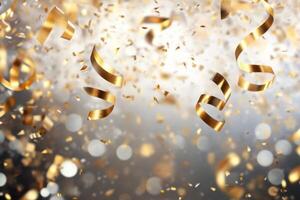 golden confetti and streamers on a black background photo