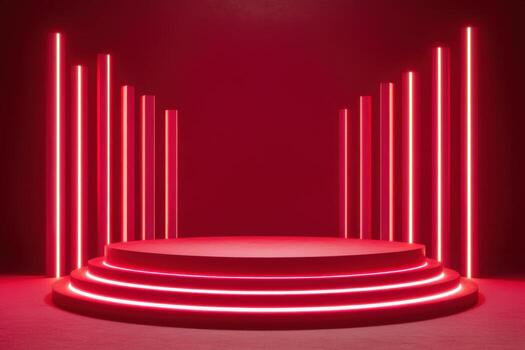 red neon lights on a stage with a red background photo