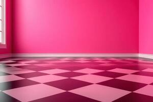a pink room with a checkered floor and window photo