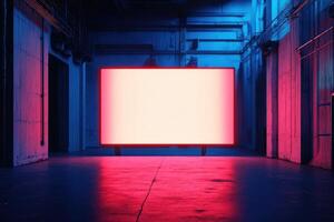 a neon sign in an empty room with pink and blue lights photo