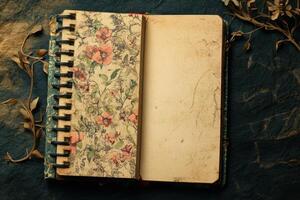 an open notebook with flowers and leaves on a dark background photo