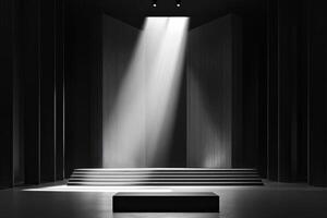 black and white photo of a stage with a spotlight
