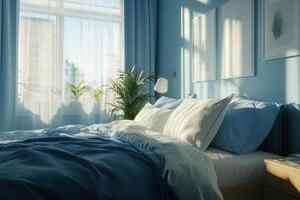 a bedroom with blue walls and a bed photo