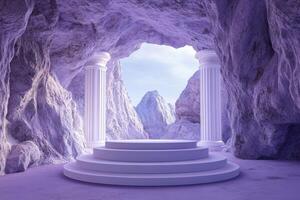 a stage in a cave with pillars and a purple sky photo