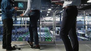Data center developer frustrated by critical error affecting laptop. Irate server farm worker reacting to hardware performance issues triggered by unresolved software bugs, camera A video