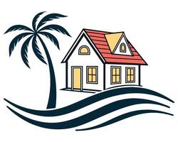 Coastal house with palm tree and waves depicting a beachfront vacation property vector