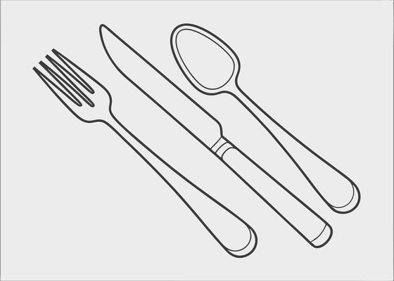 Elegant outlined silverware set including a fork knife and spoon on a neutral background ready for use.