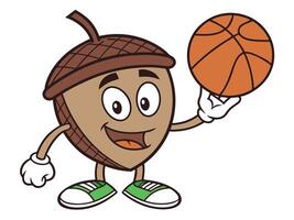 Cartoon acorn character playing basketball with a happy expression wearing green sneakers and white gloves. vector