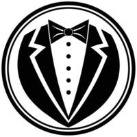 Elegant black and white illustration of a formal tuxedo suit within a circular frame design vector