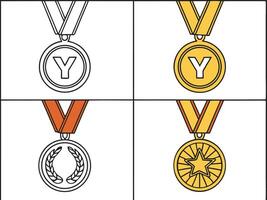 Diverse illustrations of award medals featuring different designs with various color ribbons vector