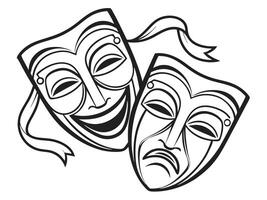 illustration of comedy and tragedy theater masks expressing joy and sadness in monochrome style vector