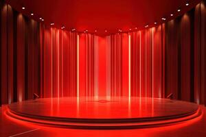 a red stage with a spotlight and red curtains photo