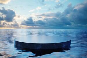 an empty platform floating in the ocean photo