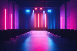 a large room with purple and pink lights photo
