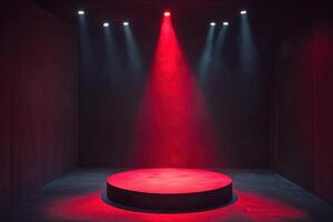 a red stage with a spotlight and red lights photo